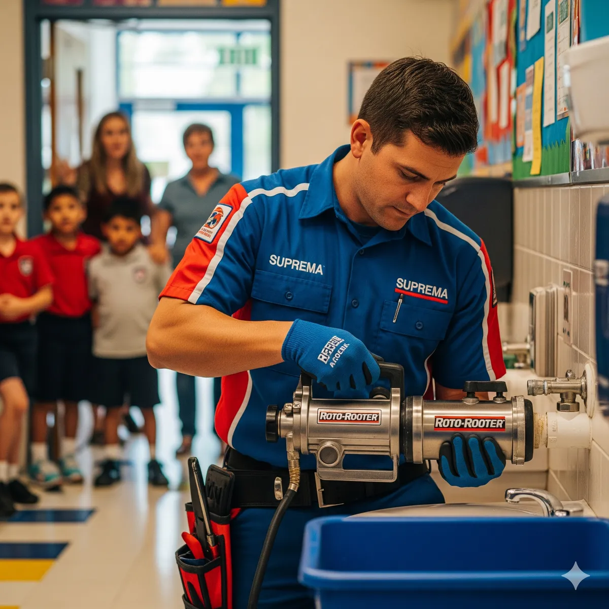Técnico da Suprema desentupindo pia de escola com máquina rotativa em Curitiba na Avenida Brasil Maringa, Maringa
