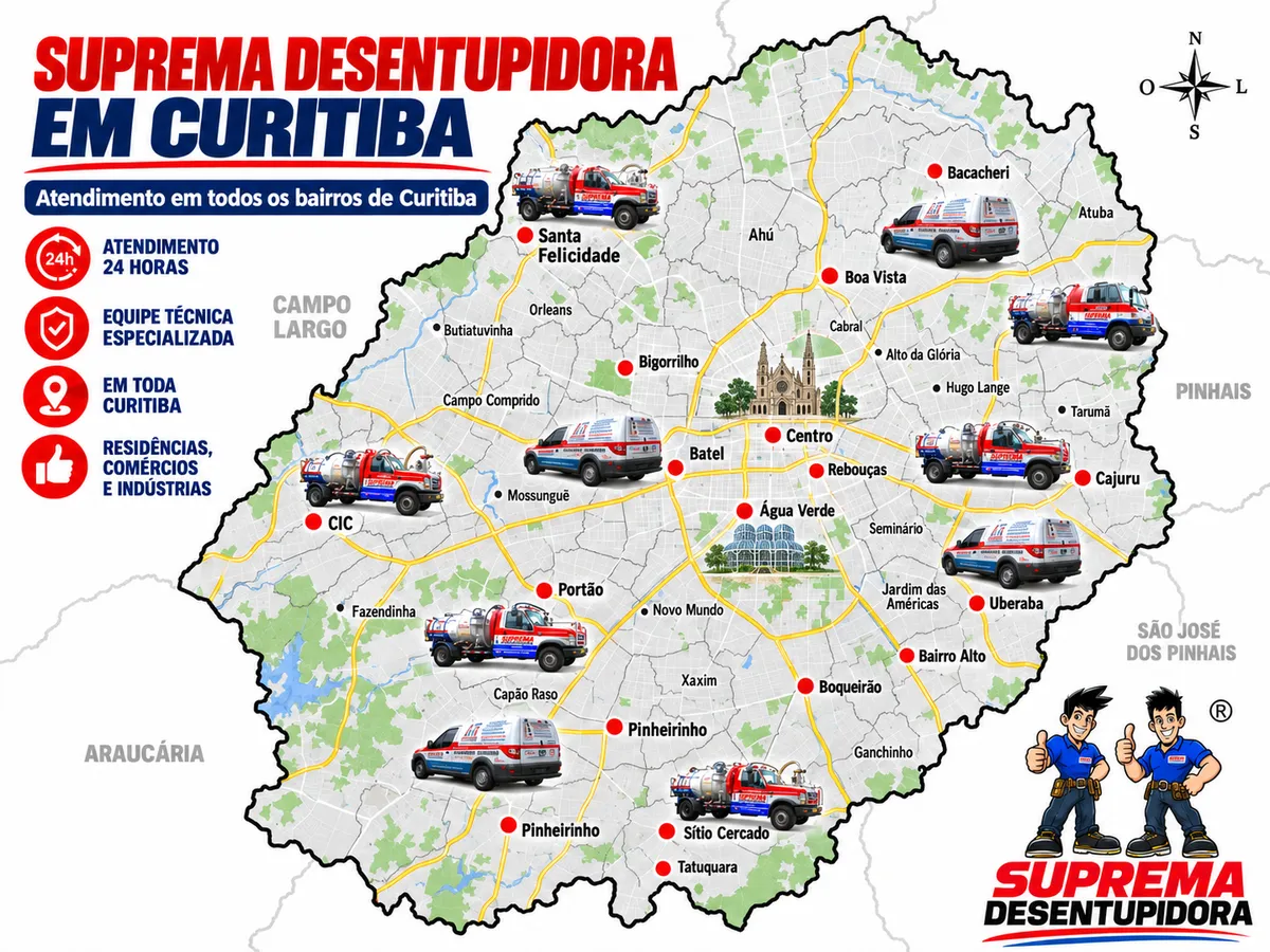 Mapa de atendimento da Suprema Desentupidora em todos os bairros de Curitiba, com caminhão limpa fossa e equipe em atendimento de desentupimento em camping